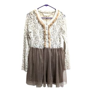 A'reve Cream Floral Lace Tunic Mini Dress Tutu Faux Fur Fairy Core